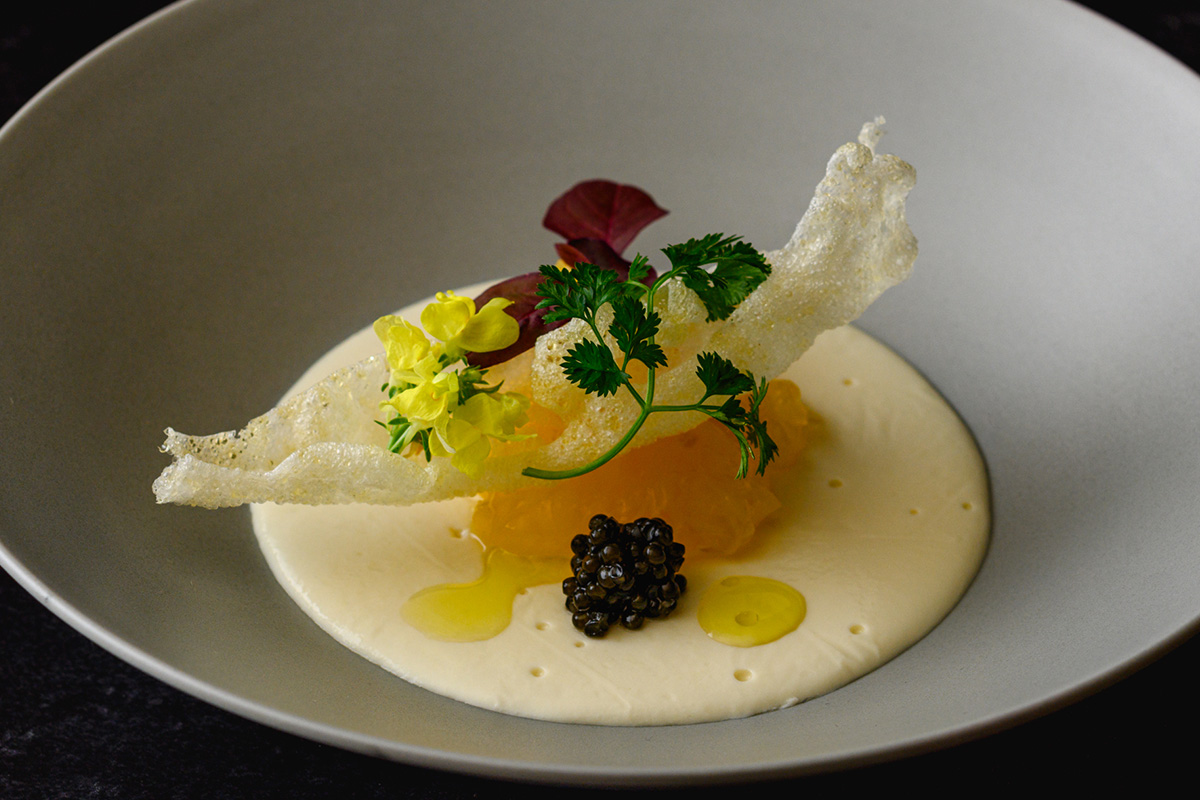 豆乳と湯葉のなめらかなムース 八朔のジュレとキャビア