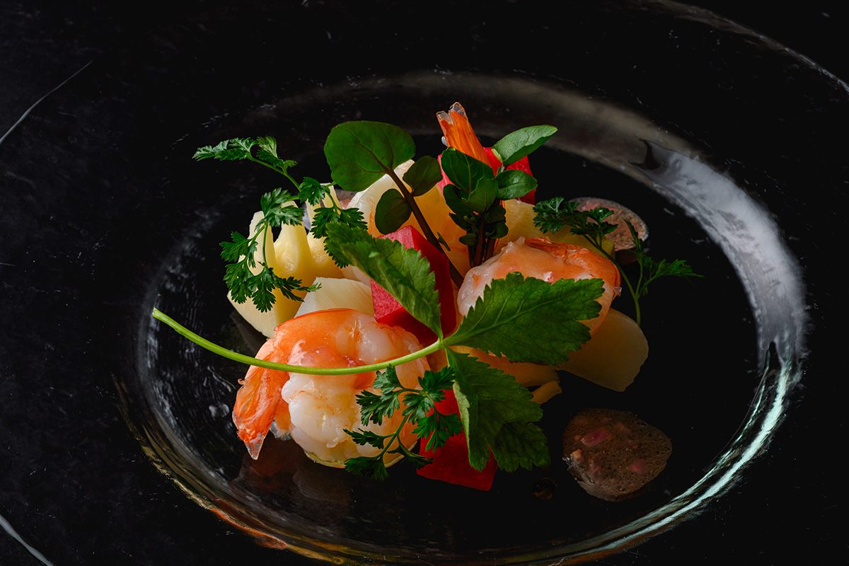 海老と旬野菜のセビーチェ シークヮーサーの香り